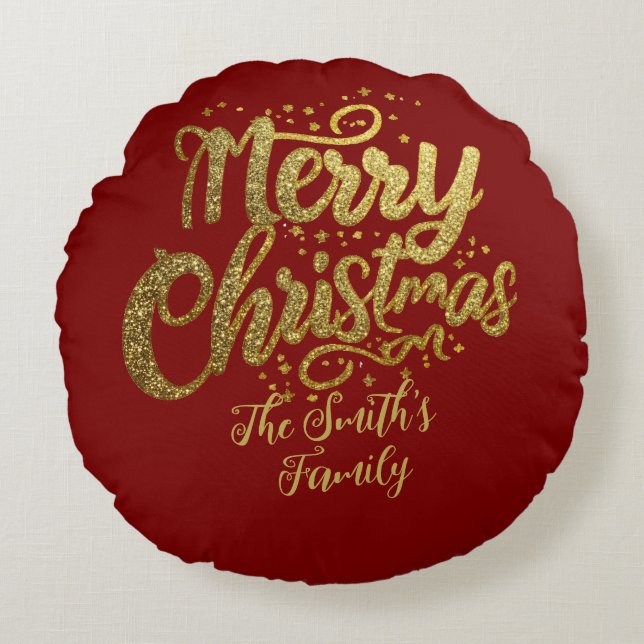 Cojín Redondo Navidades de guión de Purpurina de oro de familia  (Anverso)