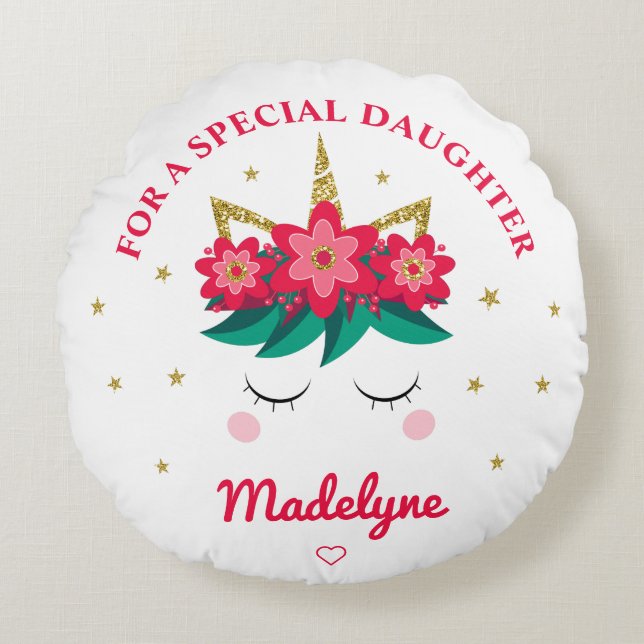 Cojín Redondo Navidades de hijas de unicornio Purpurina de oro (Anverso)