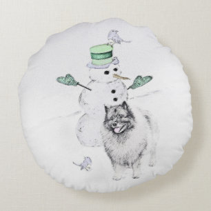 Cojín Redondo Navidades de Keeshond Snowman pinta arte de perro