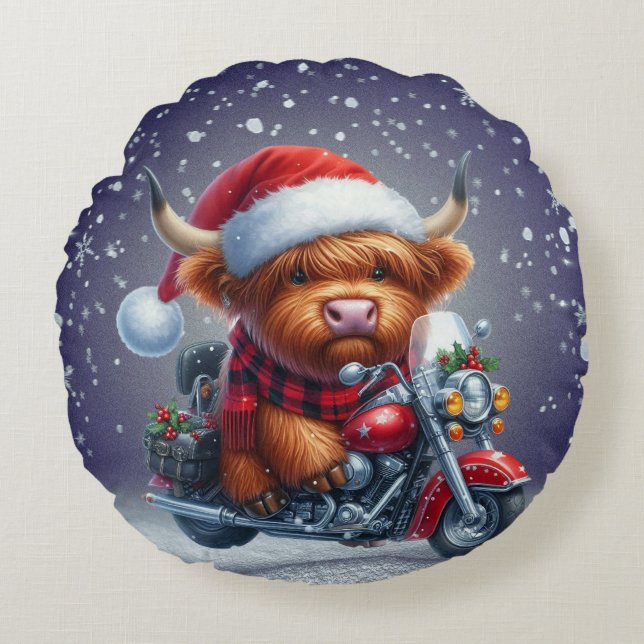 Cojín Redondo Navidades de motor de Cute Highland Cow (Anverso)