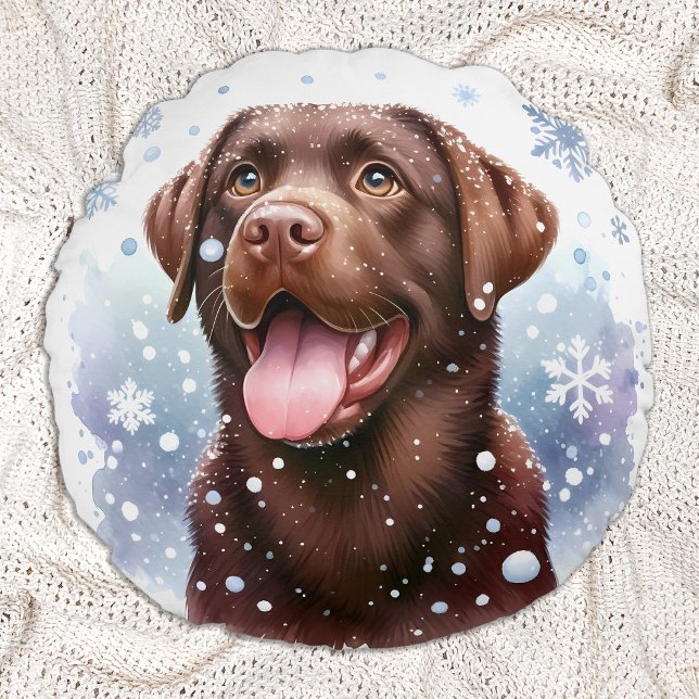 Cojín Redondo Navidades de nieve de perro contentos de labrador (Subido por el creador)