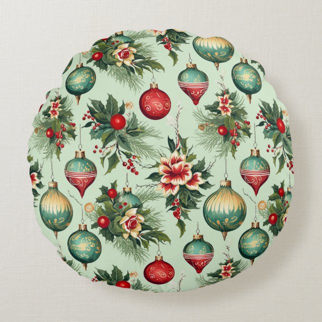 Cojín Redondo Navidades de Ornamentos y Flores de Fiesta Retro (Anverso)