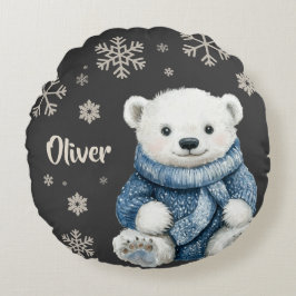 Cojín Redondo Navidades de oso blanco personalizados con copo de
