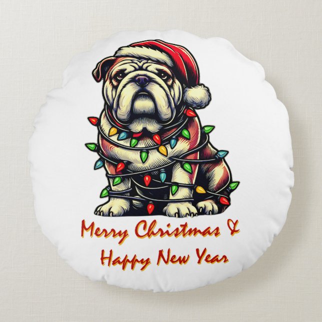 Cojín Redondo Navidades de perro bulldog Gorra Navidad (Anverso)