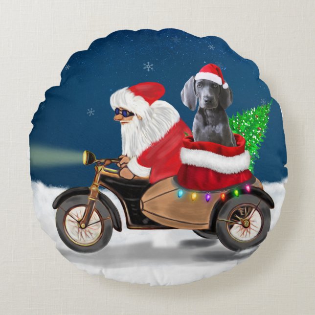 Cojín Redondo Navidades de Perro de Weimaraner Santa Claus (Anverso)
