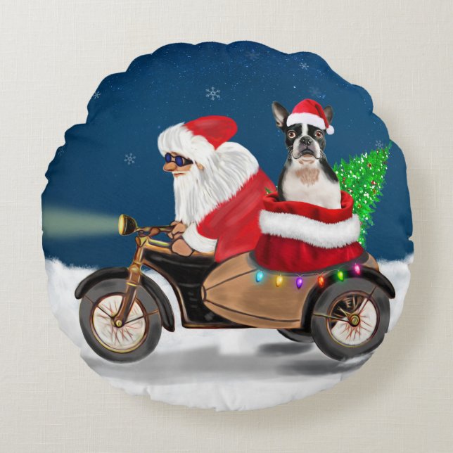 Cojín Redondo Navidades de Perro Terrier de Boston Santa Claus (Anverso)