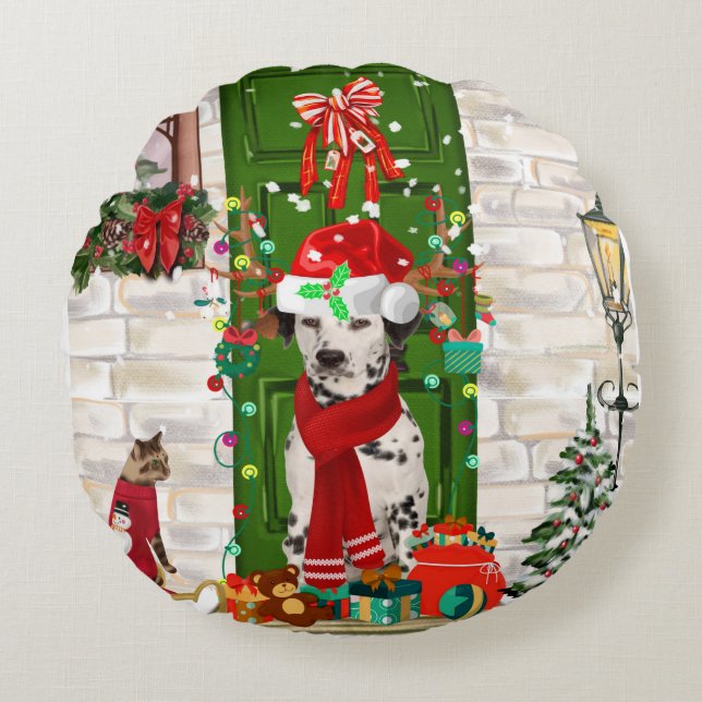 Cojín Redondo Navidades de perros de Dalmacia (Anverso)