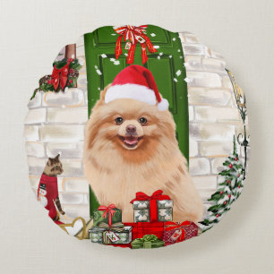 Cojín Redondo Navidades de perros de Pomerania