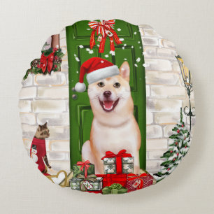 Cojín Redondo Navidades de Perros de Shiba Inu
