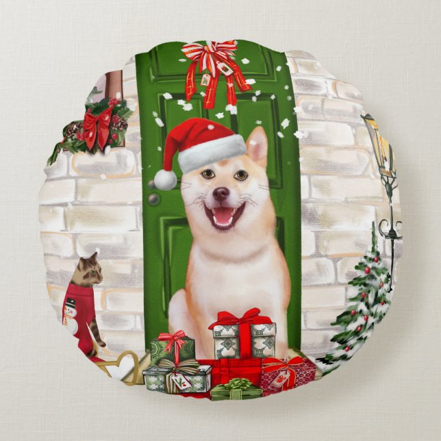 Cojín Redondo Navidades de Perros de Shiba Inu (Anverso)