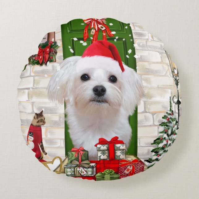 Cojín Redondo Navidades de perros malteses (Anverso)