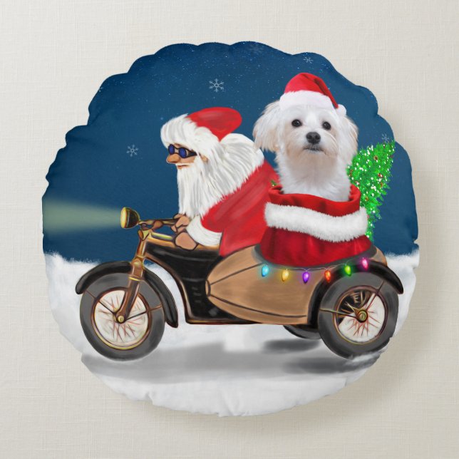 Cojín Redondo Navidades de perros malteses Santa Claus (Anverso)