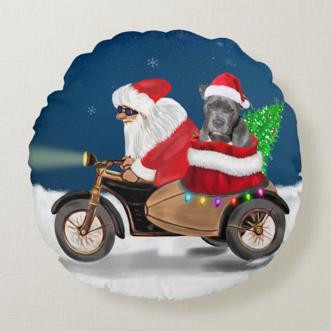 Cojín Redondo Navidades de Pitbull Dog (Anverso)