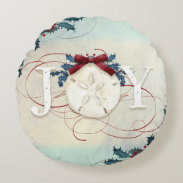 Cojín Redondo Navidades de playa Sand Dollar Joy Typography Holl