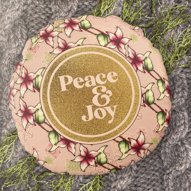 Cojín Redondo Navidades de Poinsettia Rosa Peace and Joy (Peace and Joy Pink Poinsettia Christmas Round Pillow)