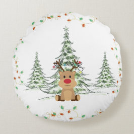 Cojín Redondo Navidades de renos alumbran árboles de invierno