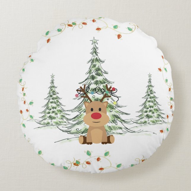 Cojín Redondo Navidades de renos alumbran árboles de invierno (Anverso)