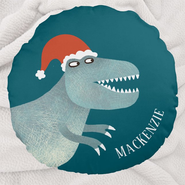Cojín Redondo Navidades de Rex de Tyrannosaurus Santa Hat Person (Tyrannosaurus Rex dinosaur in a Christmas Santa Hat personalized name pillow)