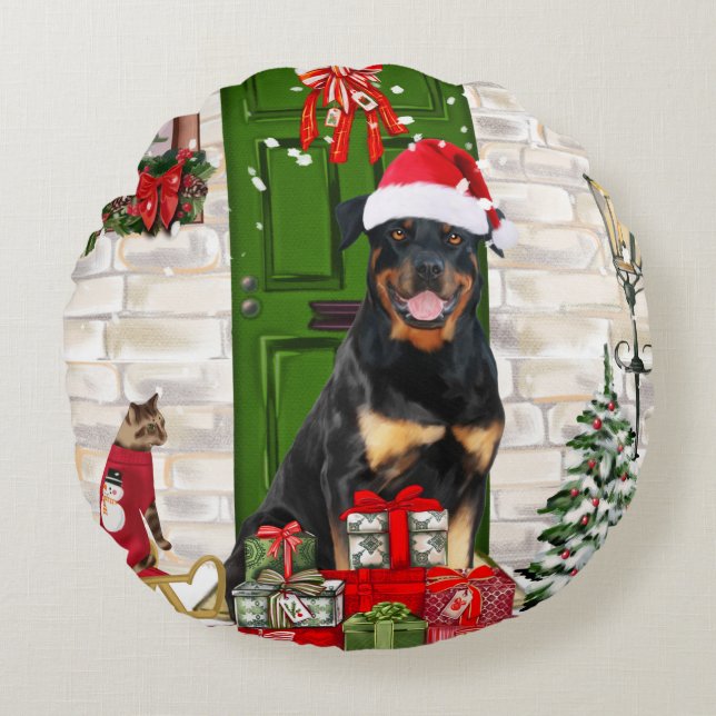 Cojín Redondo Navidades de Rottweiler Dog (Anverso)