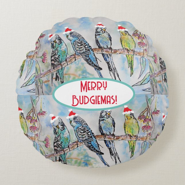 Cojín Redondo Navidades de Santa Budgie Pájaro de pintura acuáti (Anverso)