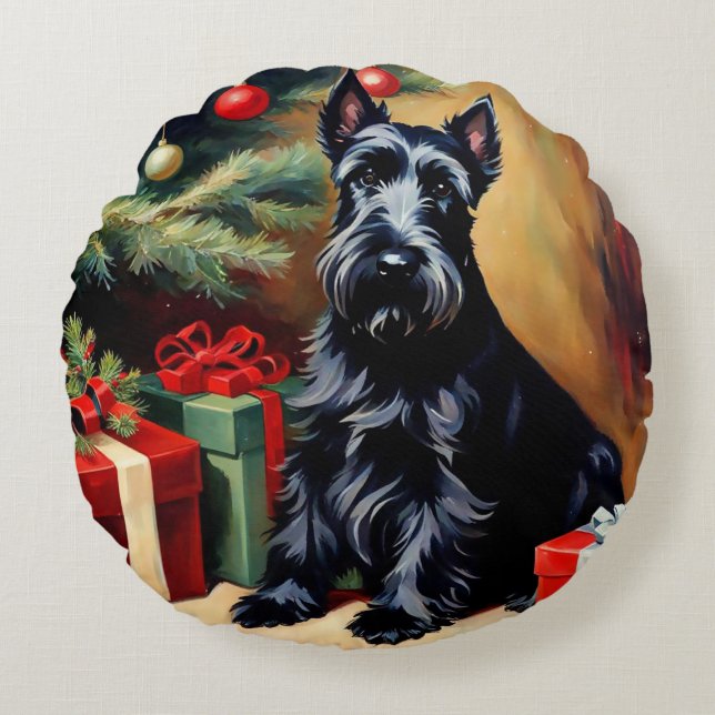 Cojín Redondo Navidades de Scottish Terrier (Anverso)