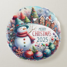 Cojín Redondo Navidades de Snowman y ornamentos coloridos