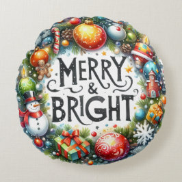 Cojín Redondo Navidades de Snowman y ornamentos coloridos