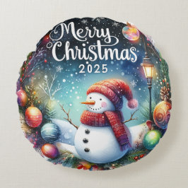 Cojín Redondo Navidades de Snowman y ornamentos coloridos