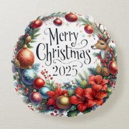 Cojín Redondo Navidades de Snowman y ornamentos coloridos
