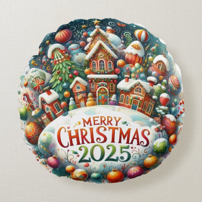 Cojín Redondo Navidades de Snowman y ornamentos coloridos (Anverso)