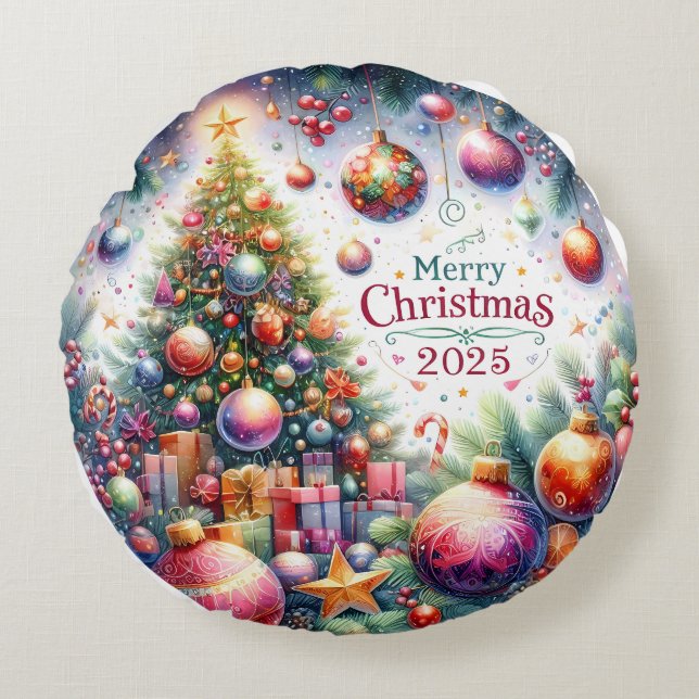 Cojín Redondo Navidades de Snowman y ornamentos coloridos (Anverso)
