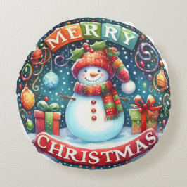Cojín Redondo Navidades de Snowman y ornamentos coloridos