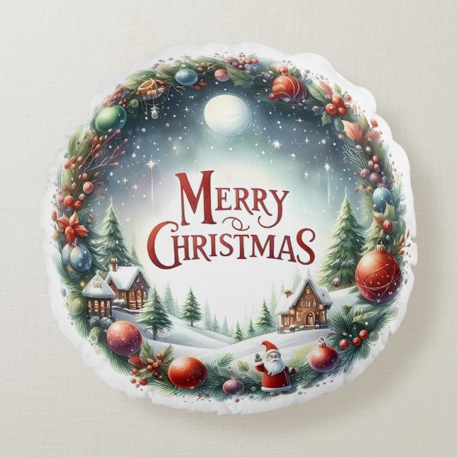 Cojín Redondo Navidades de Snowman y ornamentos coloridos (Anverso)