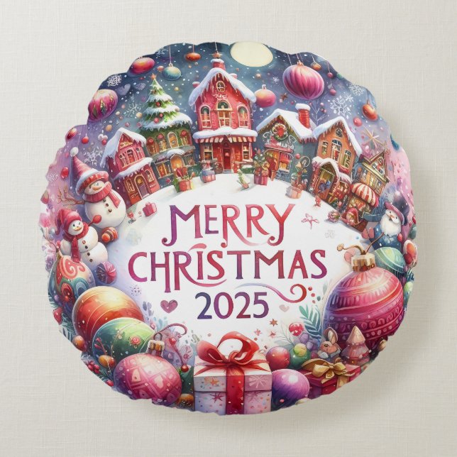 Cojín Redondo Navidades de Snowman y ornamentos coloridos (Anverso)