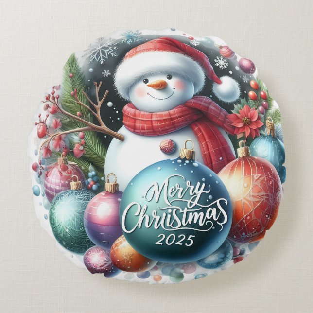 Cojín Redondo Navidades de Snowman y ornamentos coloridos (Anverso)
