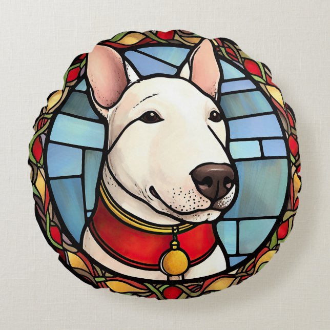 Cojín Redondo Navidades de vidrio manchado de Bull Terrier (Anverso)