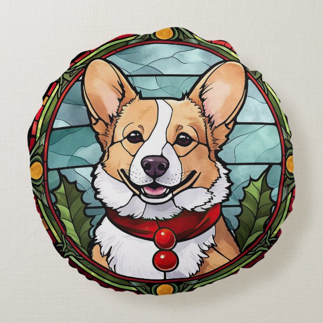 Cojín Redondo Navidades de vidrio templado de Corgi (Reverso)
