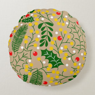Cojín Redondo Navidades de Vintage Rustic Greenery Holly Berry