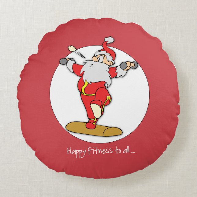 Cojín Redondo Navidades del ejercicio de fitness feliz con Santa (Anverso)