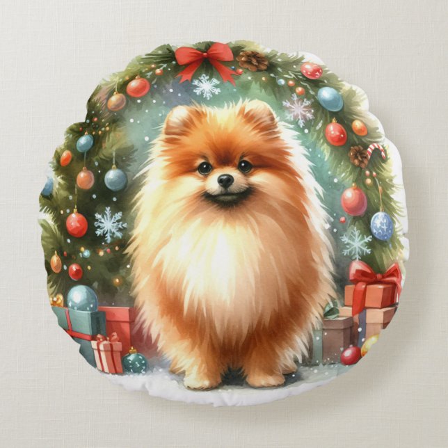 Cojín Redondo Navidades del festival cute pomeranian Watercolor (Anverso)