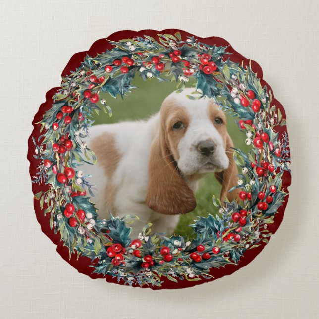 Cojín Redondo Navidades del Mascota de fotografía de perro lindo (Anverso)
