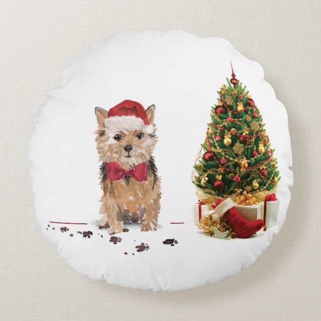 Cojín Redondo Navidades divertidos de Norfolk Terrier con árbol (Anverso)