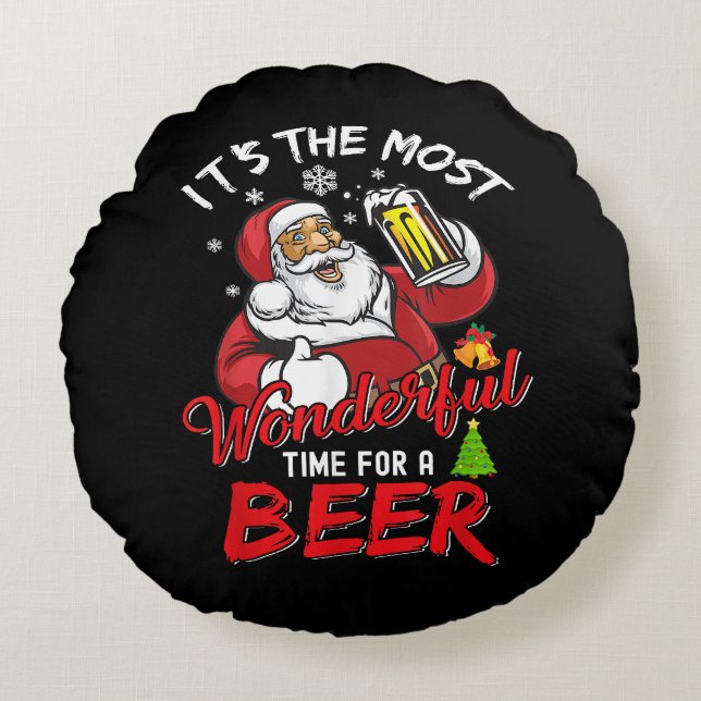 Cojín Redondo Navidades divertidos Santa Claus Beer Beer Wonderf (Anverso)