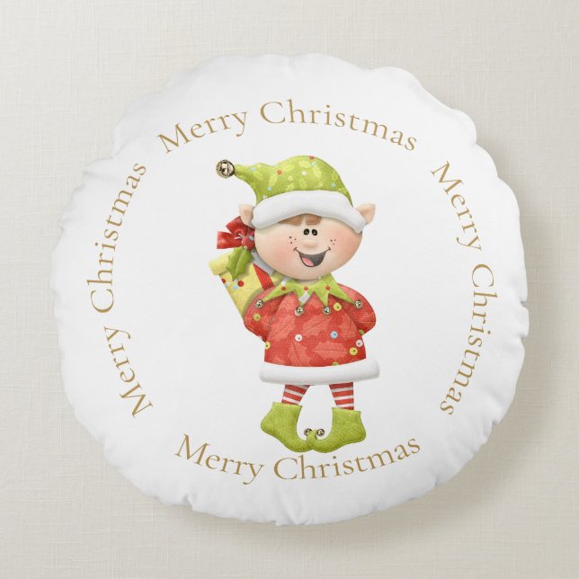 Cojín Redondo Navidades Elf con presente (Anverso)