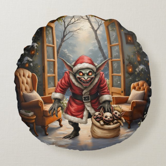 Cojín Redondo Navidades espeluznantes Goblin - Santa Mal de la F (Anverso)