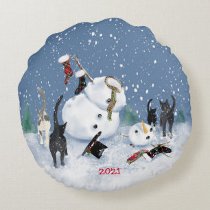 Cojín Redondo Navidades Gatos 2 y muñeco de nieve 2 lados Almoh