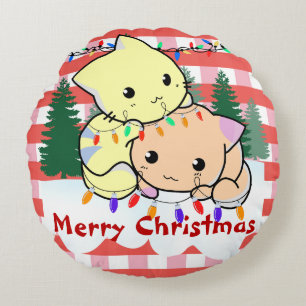 Cojín Redondo Navidades gatos en la nieve, nombre personalizado