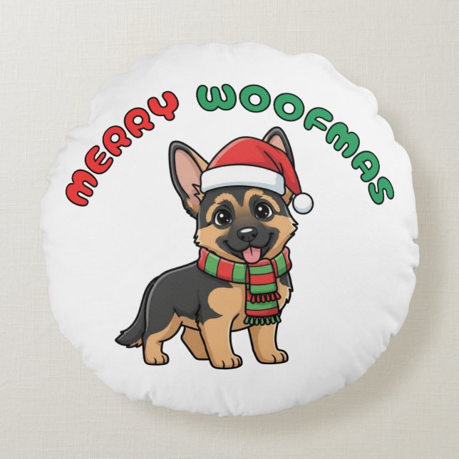 Cojín Redondo Navidades German Shepherd: Merry Woofmas (Anverso)