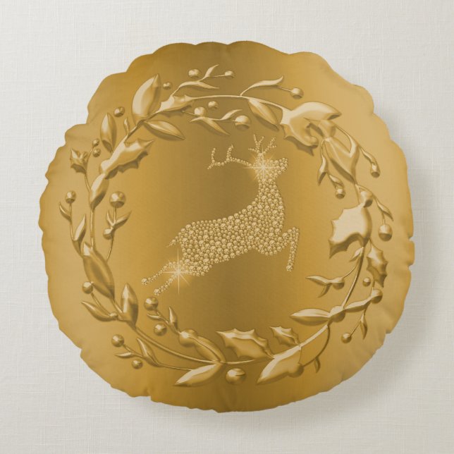 Cojín Redondo Navidades Golden Reindeer y Wreath Gold (Anverso)
