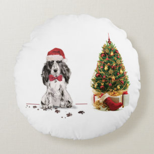 Cojín Redondo Navidades graciosos de Cocker Spaniel con árbol